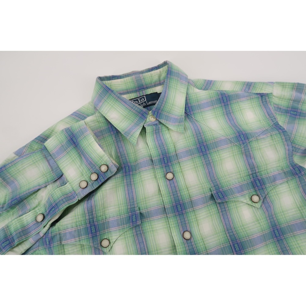 Vintage Polo Ralph Lauren Western Shirt Mens Small Green Blue Plaid Pearl Snap